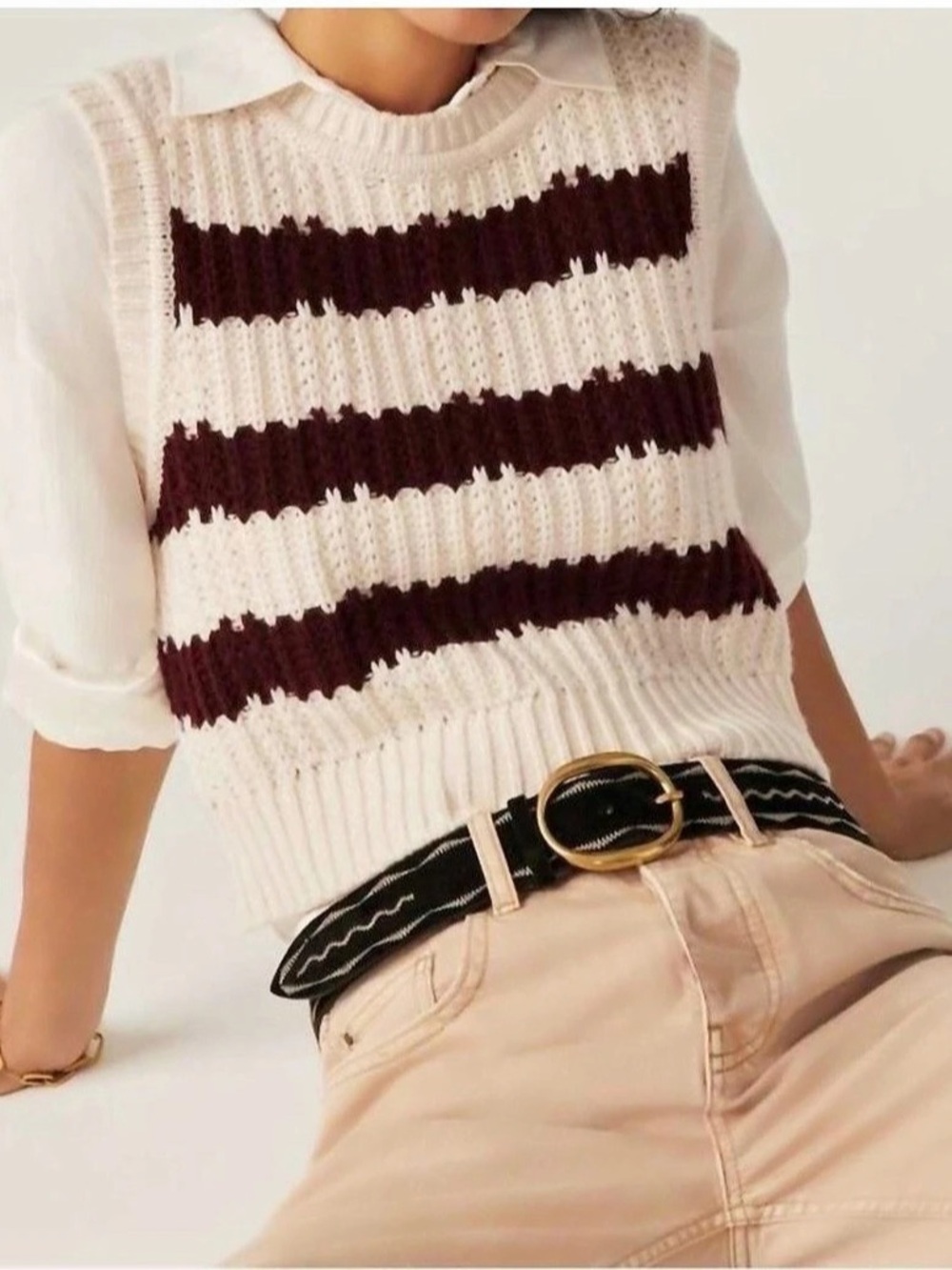 ba&sh Pierce Striped Crochet-Knit vest/top Cream & Burgundy Large